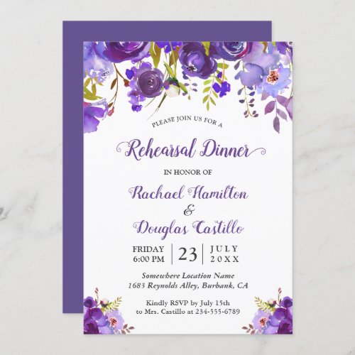 Violet Purple Watercolor Floral Rehearsal Dinner Invitation - Create your perfect invitation with this pre-designed templates, you can easily personalize it to be uniquely yours. For further customization, please click the "customize further" link and use our easy-to-use design tool to modify this template. If you prefer Thicker papers / Matte Finish, you may consider to choose the Matte Paper Type.