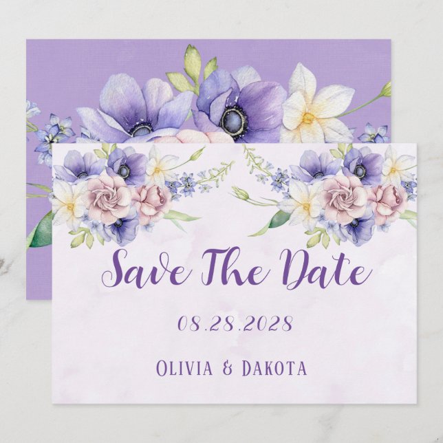 Violet Purple Watercolor Floral Save The Date Card (Front/Back)