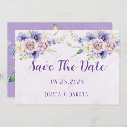 Violet Purple Watercolor Floral Save The Date Card