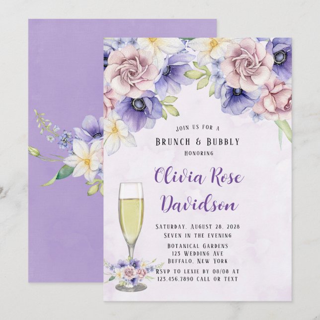 Violet Purple Watercolor Florals Brunch & Bubbly Invitation (Front/Back)