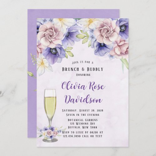 Violet Purple Watercolor Florals Brunch  Bubbly Invitation