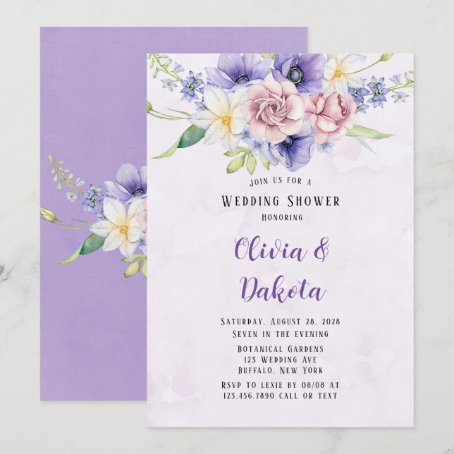 Violet Purple Watercolor Florals Wedding Shower Invitation (Front/Back)