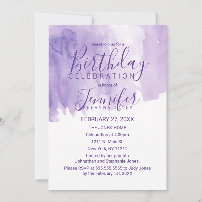 Violet Purple Watercolor Splash Birthday Party Invitation (Front)