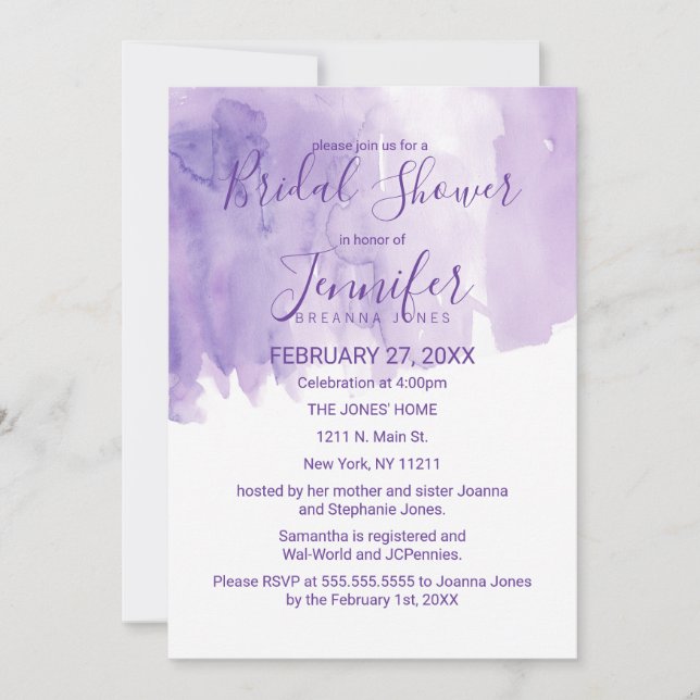 Violet Purple Watercolor Splash Bridal Shower Invitation (Front)