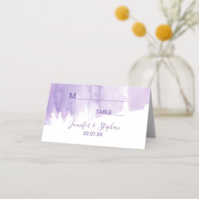 Violet Purple Watercolor Splash Place Cards (Front)