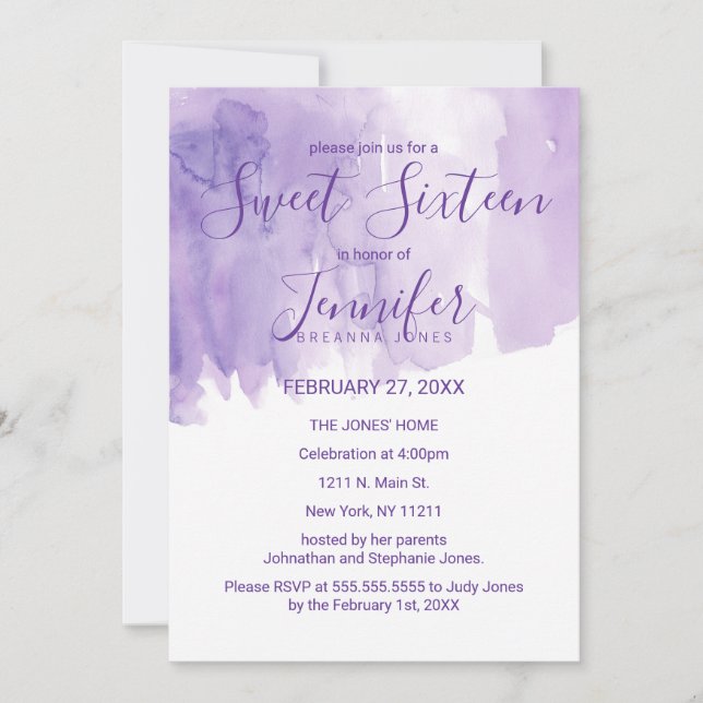 Violet Purple Watercolor Splash Sweet 16 Invitation (Front)