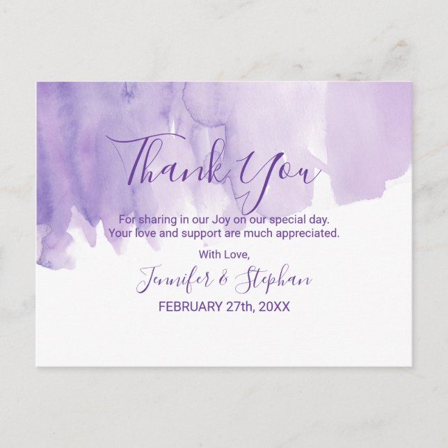 Violet Purple Watercolor Splash Thank You Postcard (Front)