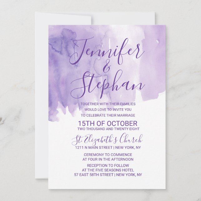 Violet Purple Watercolor Splash Wedding Invitation (Front)