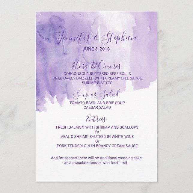 Violet Purple Watercolor Splash Wedding Menu (Front)