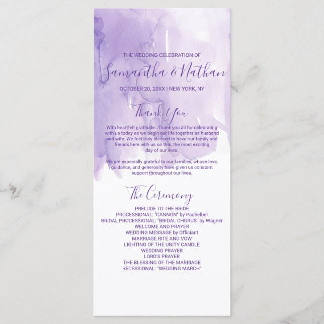 Violet Purple Watercolor Splash Wedding Programs (Front)