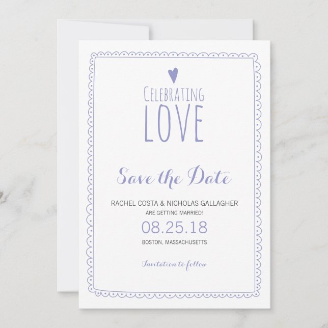 Violet Purple Whimsical Doodle Frame Save the Date Invitation (Front)