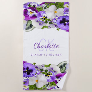 Violet purple white floral monogram name beach towel