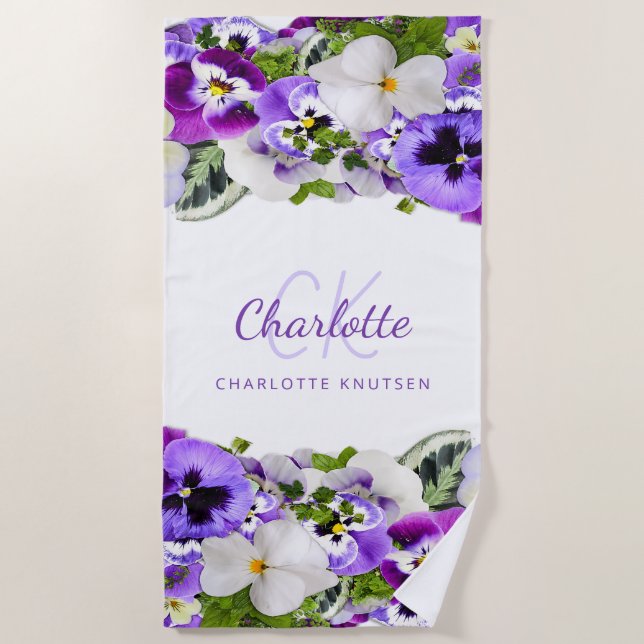 Violet purple white floral monogram name beach towel (Front)