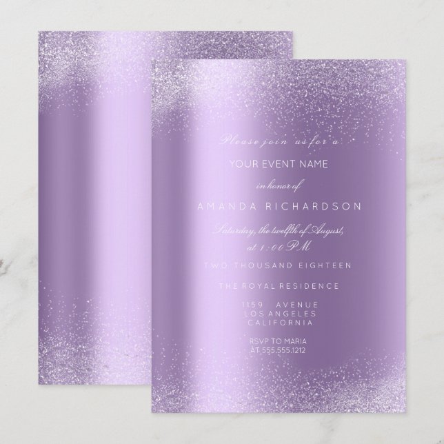 Violet Purple White Glitter Leafs Sand Frame Glam Invitation (Front/Back)