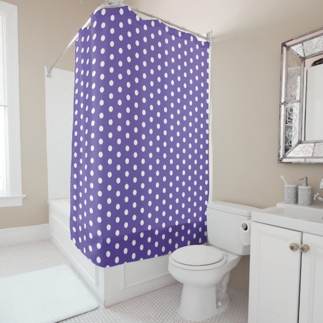 Violet purple white polka dots retro pattern shower curtain (In Situ)