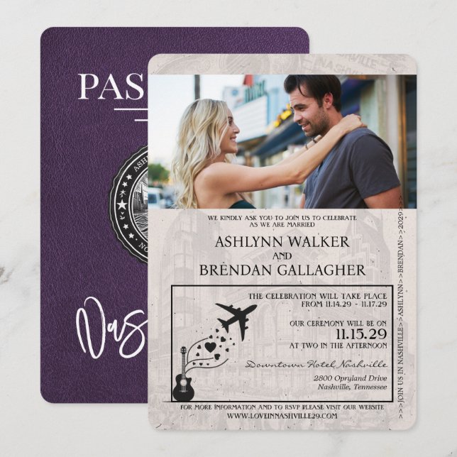 Violet PurpleNashville Passport Wedding Invitation (Front/Back)