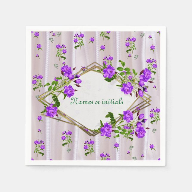 Violet Purplish-Watercolour Roses on Pink Silk  Napkins (Front)