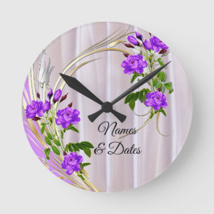Violet Purplish-Watercolour Roses on Pink Silk Round Clock