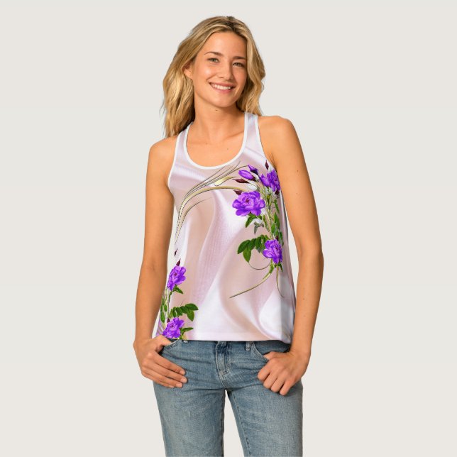 Violet Purplish-Watercolour Roses on Pink Silk  Tank Top (Front Full)