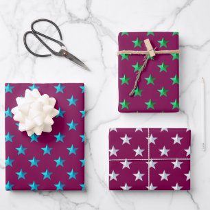 Violet Red Blue Silver Green Turquoise Blue Stars Wrapping Paper Sheets
