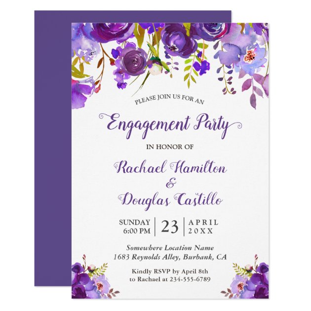 Violet Romance Purple Floral Engagement Party Invitation