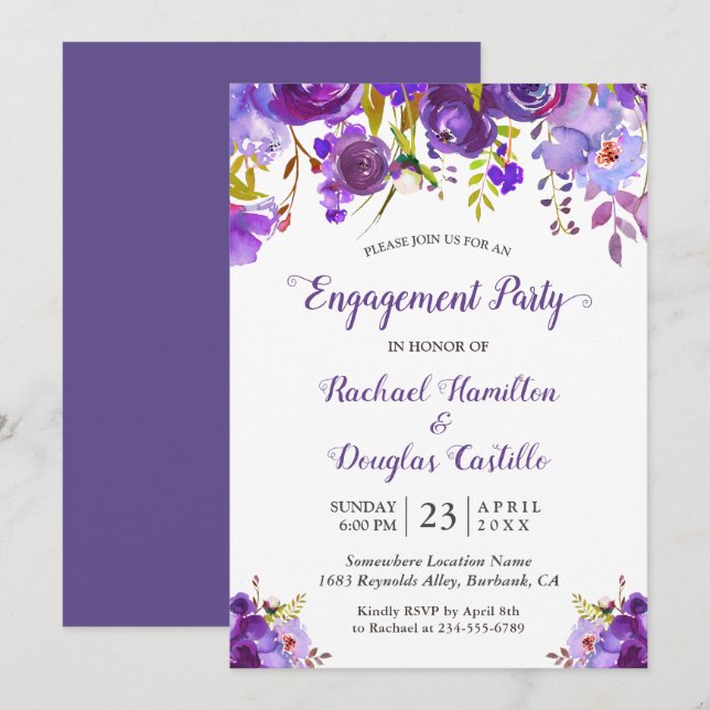 Violet Romance Purple Floral Engagement Party Invitation (Front/Back)