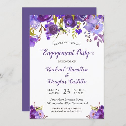 Violet Romance Purple Floral Engagement Party Invitation - Create your perfect invitation with this pre-designed templates, you can easily personalize it to be uniquely yours. For further customization, please click the "customize further" link and use our easy-to-use design tool to modify this template. If you prefer Thicker papers / Matte Finish, you may consider to choose the Matte Paper Type.