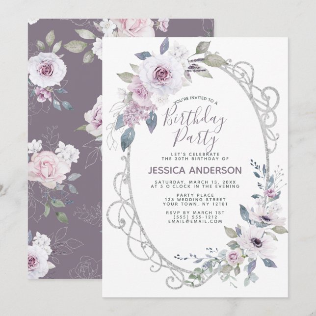 Violet Rose Floral Birthday Party Invitation (Front/Back)