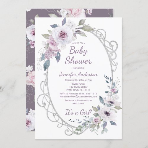 Violet Rose Floral Silver Glitter Girl Baby Shower Invitation