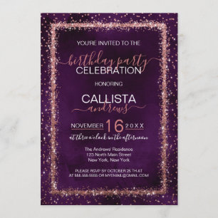 Violet Rose Gold Sprinkled Confetti Birthday Invitation