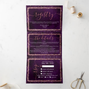 Violet Rose Gold Sprinkled Confetti Detail RSVP Tri-Fold Invitation