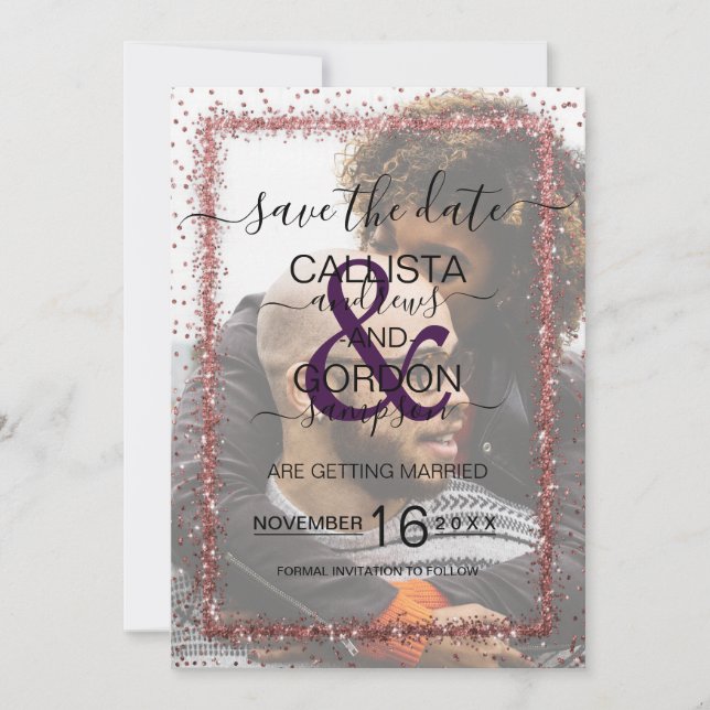 Violet Rose Gold Sprinkled Confetti Photo Wedding Save The Date (Front)