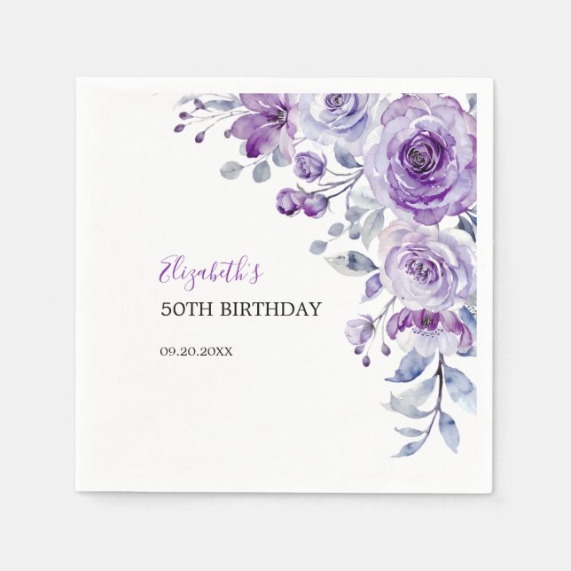 Violet Rose Greenery Floral Birthday Napkins (Front)
