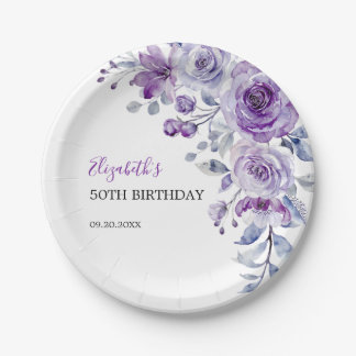 Violet Rose Greenery Floral Birthday Paper Plates