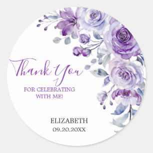 Violet Rose Greenery Floral Birthday Thank You Classic Round Sticker