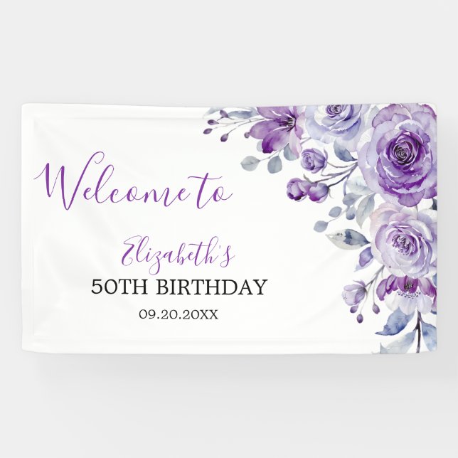 Violet Rose Greenery Floral Birthday Welcome Banner (Horizontal)