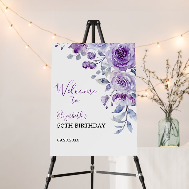Violet Rose Greenery Floral Birthday Welcome Foam Board (In Situ (Stand))