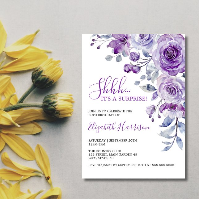 Violet Rose Greenery Floral Surprise Birthday Invitation (Creator Uploaded)