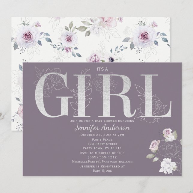Violet Rose Silver Baby Girl Shower Invitation (Front/Back)