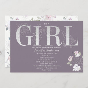 Violet Rose Silver Baby Girl Shower Invitation
