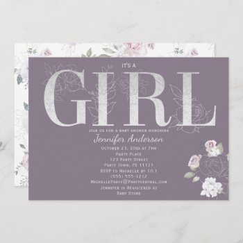 Violet Rose Silver Baby Girl Shower Invitation by MaggieMart at Zazzle