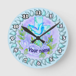 Violet Roses Christian cross    Round Clock