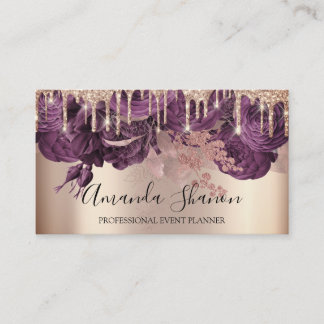Violet Roses Glitter Drips Logo Event Planner Business Card
