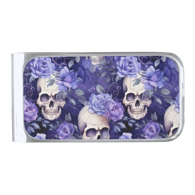Violet Roses with Skulls Silver Finish Money Clip (Front)