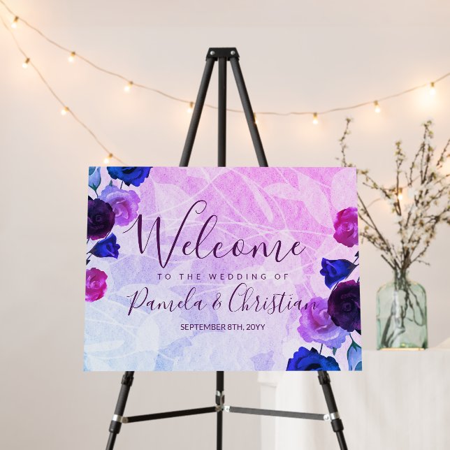 Violet, Royal Blue, Garden Roses Wedding Welcome Foam Board (In Situ (Stand))