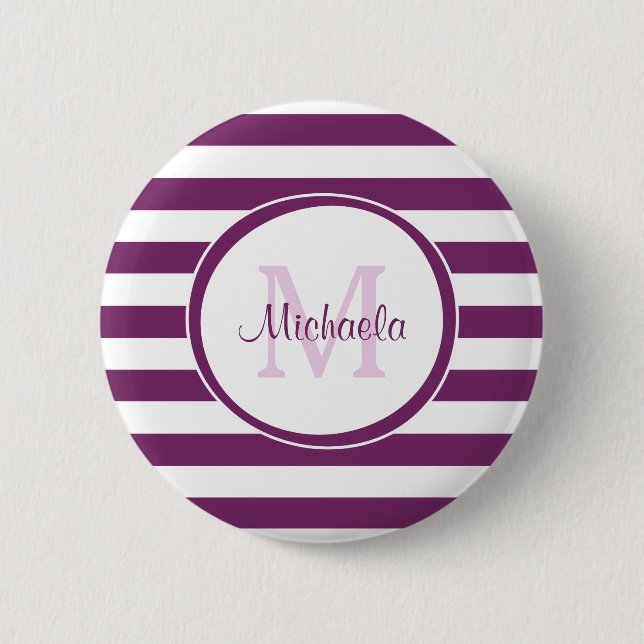 Violet Rugby Stripes With Chic Monogram and Name Pinback Button (Front)