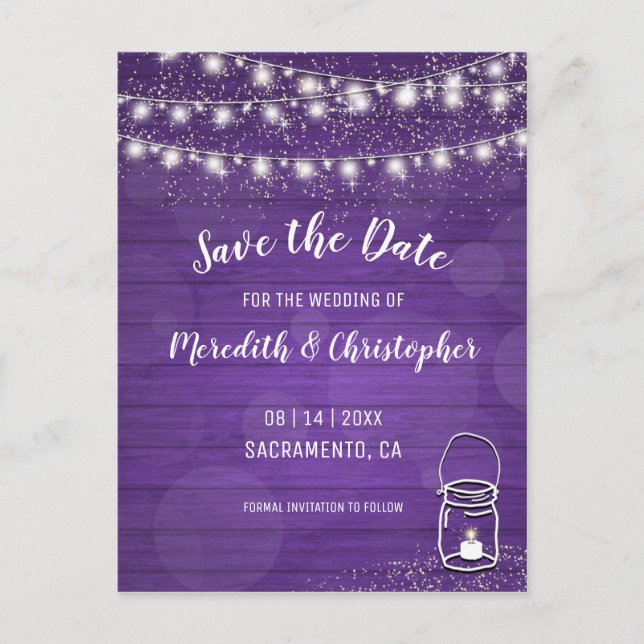 Violet Rustic Mason Jar Wedding Save the Date Announcement Postcard (Front)
