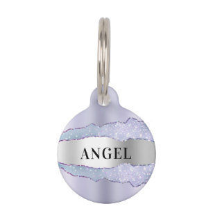 Violet silver agate marble name pet ID tag