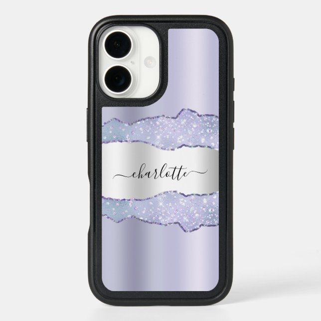 Violet silver agate marble name script otterbox iPhone case (Back)