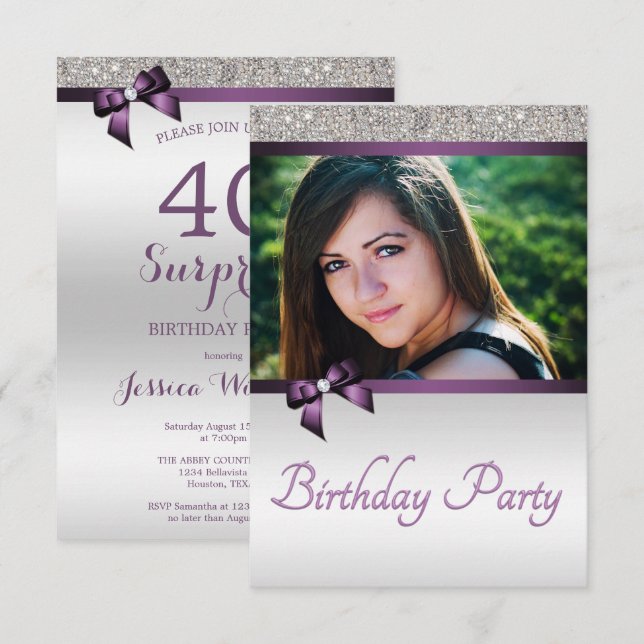 Violet & Silver Photo Surprise Birthday Invitation (Front/Back)